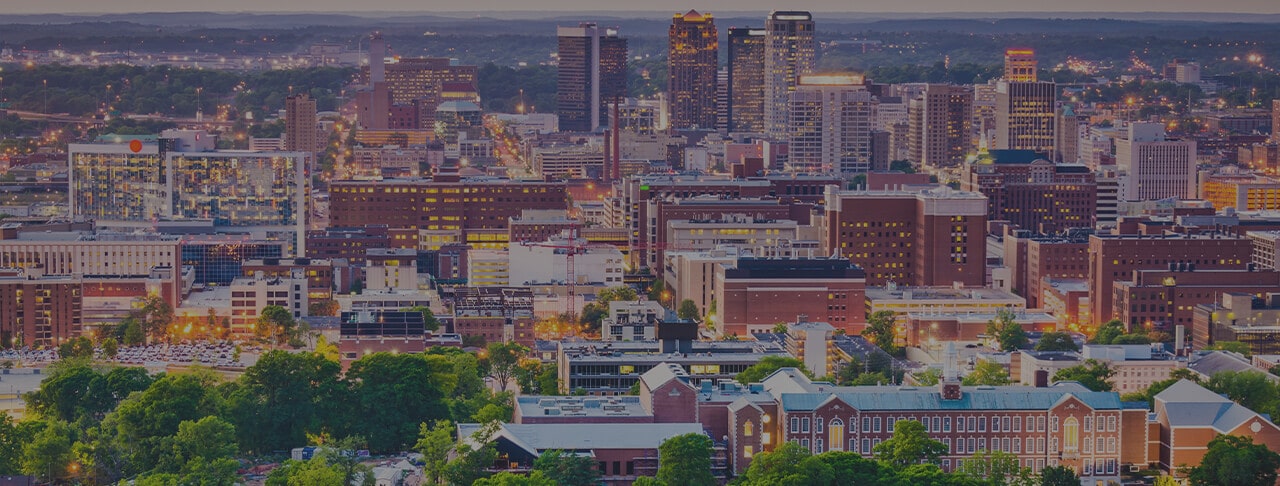 Skyline view of Birmingham AL city of houses and buildings