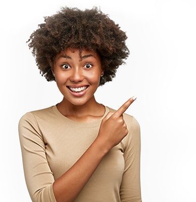 beautiful african american woman pointing at where we buy houses